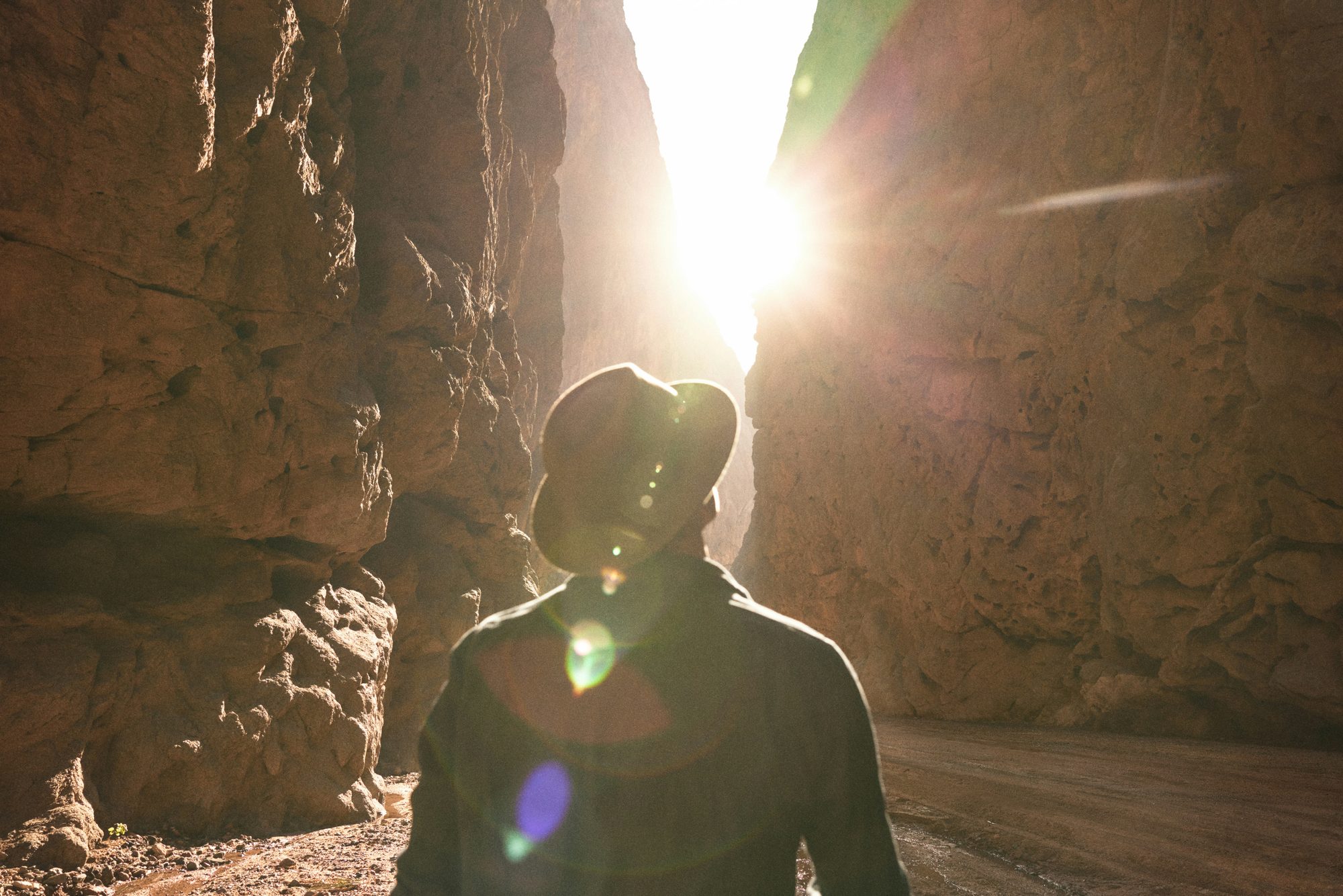 A person standing in a desert canyon